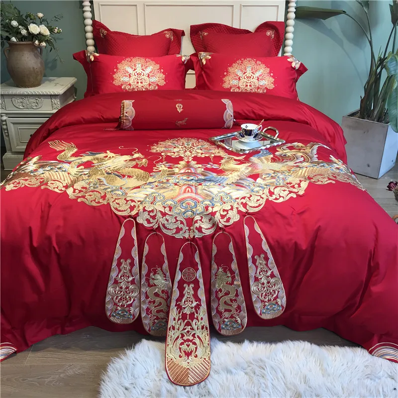 

Luxury Gold Royal Loong Phoenix Embroidery Egyptian cotton Wedding Bedding Set Red Duvet Cover Bed sheet Bed Linen Pillowcases