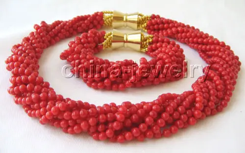 

hot sell new - shippingBeautiful AAA 18" 10row 5mm natural red coral necklace & bracelet (A0425)