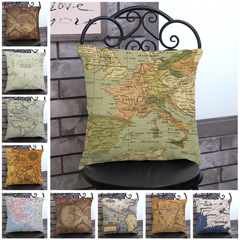 

Vintage World Map Decorative Cushion cover Pillows Retro cojines coussin decoracion para el hogar linen 45x45cm throw Car Pillow