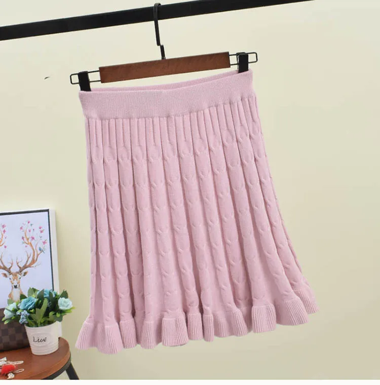 Женская трикотажная юбка, осенняя зимняя однотонная эластичная короткая юбка с высокой талией, плиссированная юбка с зонтиком, Женская мини юбка с оборками