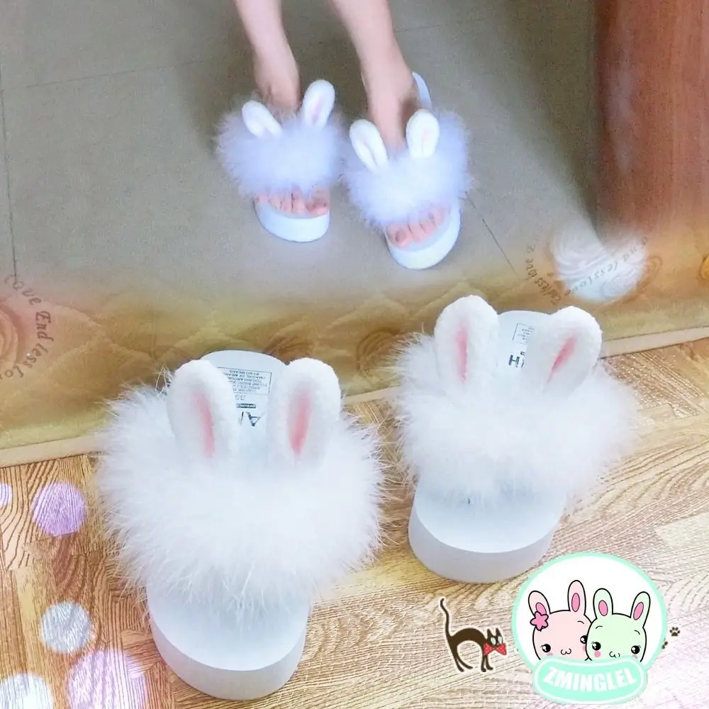 

2018 So Kawaii Japanese Style Lolita Girl Rabbit Bunny Ear Plush Shoes Wedge Platform Thong Flip Flop Slippers