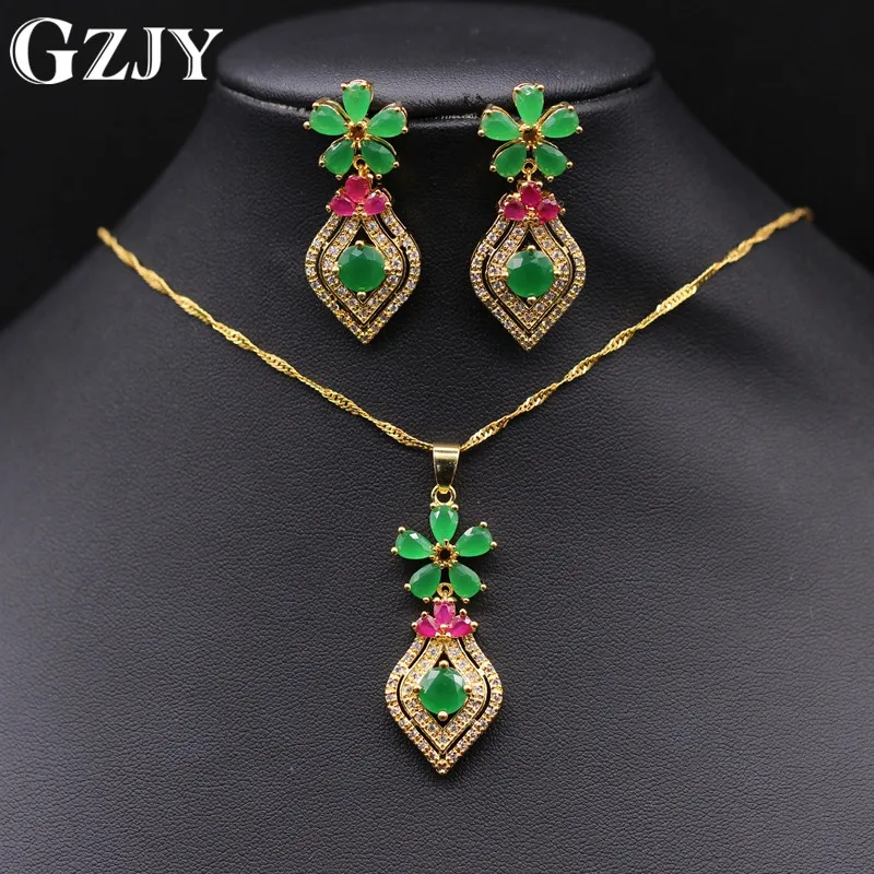 GZJY Exquisite Jewelry Set Pure Gold Color Flower Green Red Zircon Crystal Pendant Necklace Earrings Set For Women Gift GZJY Exquisite Jewelry Set Pure Gold Color Flower Green Red Zircon Crystal Pendant Necklace Earrings Set For Women Gift
