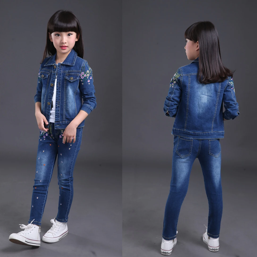 

Fashion Casual 2pcs Girls Suits Flower Embroidered-dress-girls-clothing Denim Jacket Pants Girls Clothing Set 4-12y