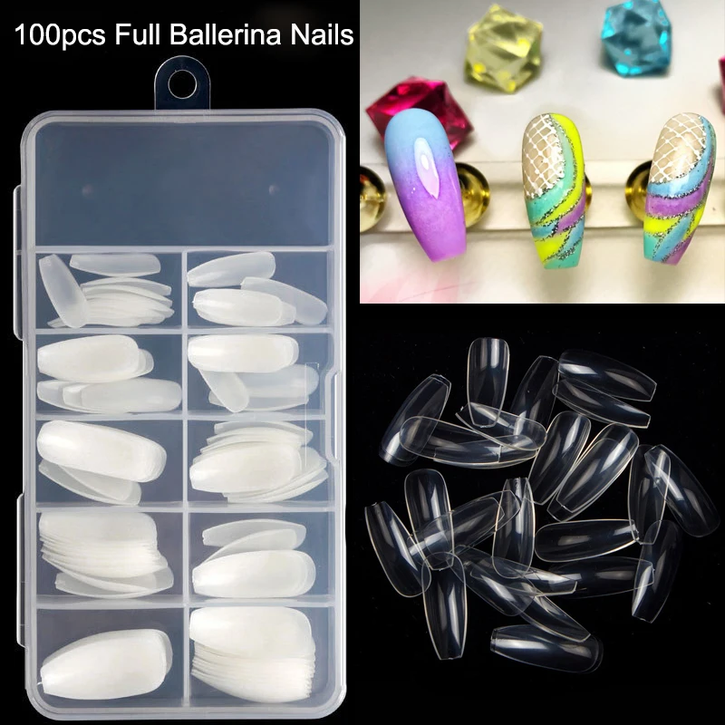 

100pcs/set Full Cover Ballerina Fake Nails faux ongles Coffin Nails Long Artificial False Nail Art Tips DIY Salon Fingernails