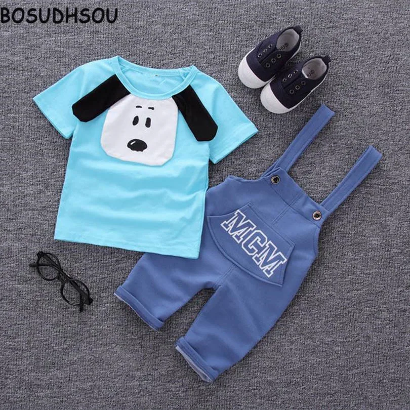 

Bosudhsou H-32 Summer Nnew Infant Sling Suit Letter Printed Puppy T-shirt + Overalls Children Clothing