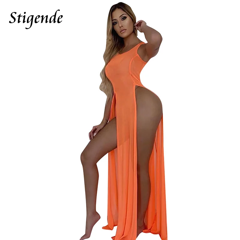 

Stigende Summer Beach High Split Cover Dress Women Sexy See Through Mesh Long Dress Sleeveless Transparent Party Maxi Dress