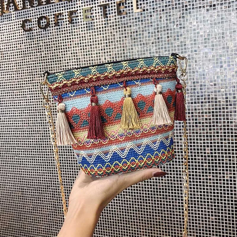 Summer Women Tassel Casual Straw Bags INS Popular Female Handbag Fashion Lady Chains Shoulder Bag Holiday Weave Crossbody SS3288 (5)