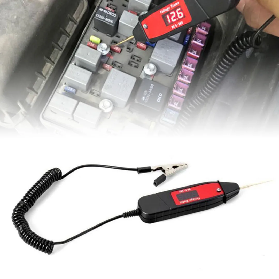 1.65m Spring Line Car Digital LCD Electric Voltage Test Pen Probe Detector Tester With LED Light for Auto Car Testing Tool