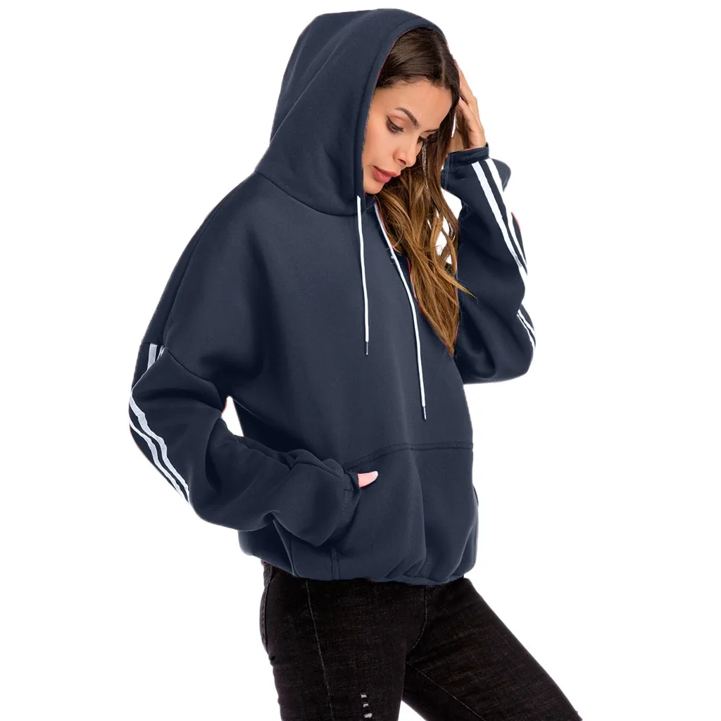 

Women's large size casual solid color hooded shirt loose striped pocket sweatshirt round tie hat fashion sports sweater