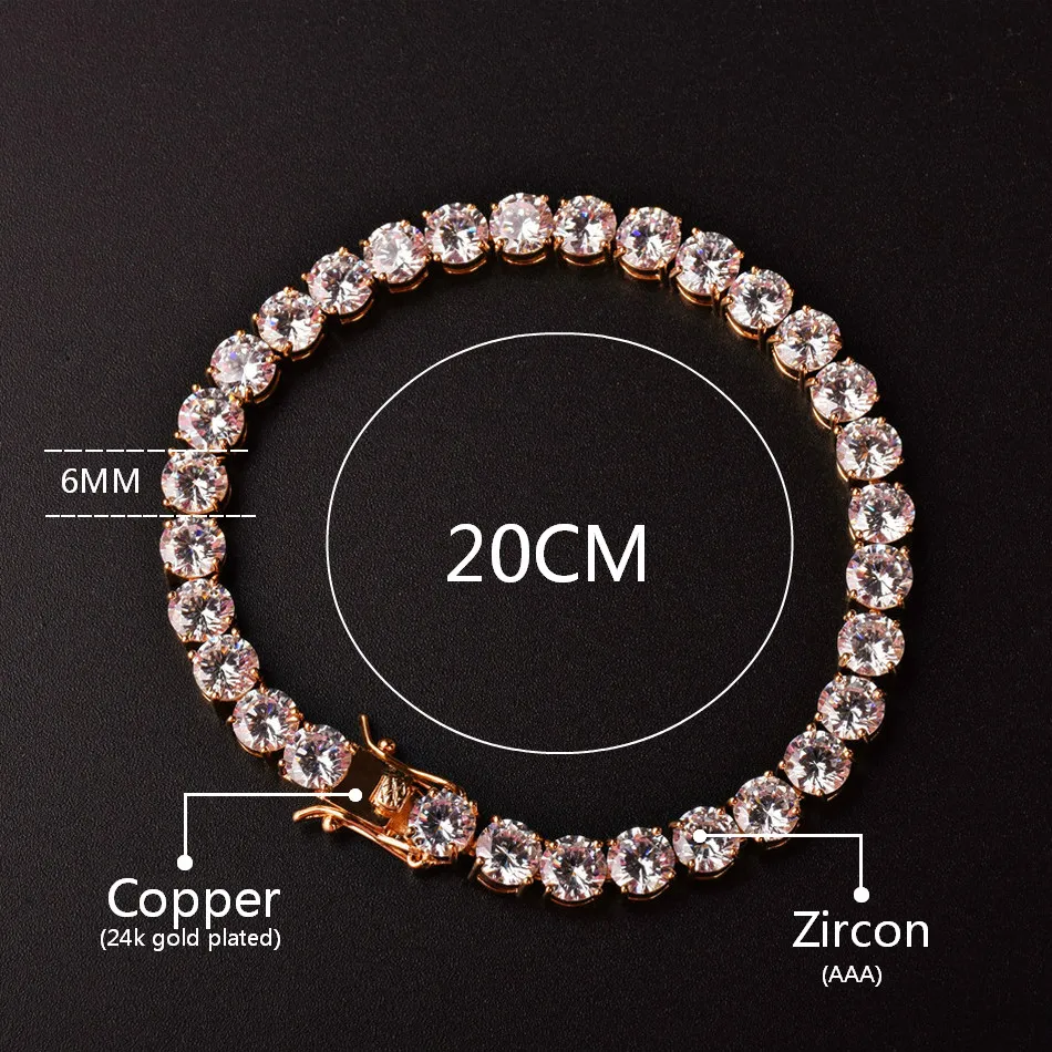 Mens Zircon Tennis Chains Bracelet Gold Silver Color Copper Material Iced Out 1 Row CZ Chain Hip Hop Bracelet 3Mm 4Mm 5Mm 3mm Rose Gold 8inch