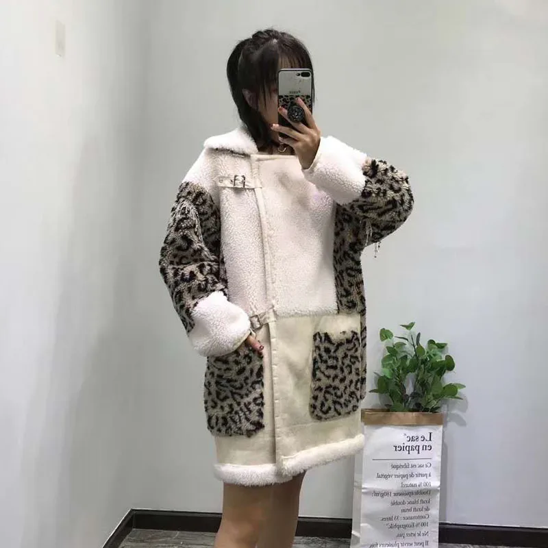 

wool fur jacket long Motorcycle fur real price sheep fur coat winter women 2019 new fashion Leopard faux leather lining parka
