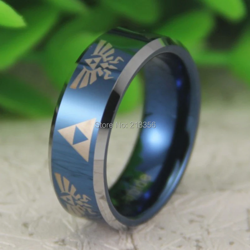 8mm Tungsten Carbide Blue Beveled Triforce Zelda Promise Ring