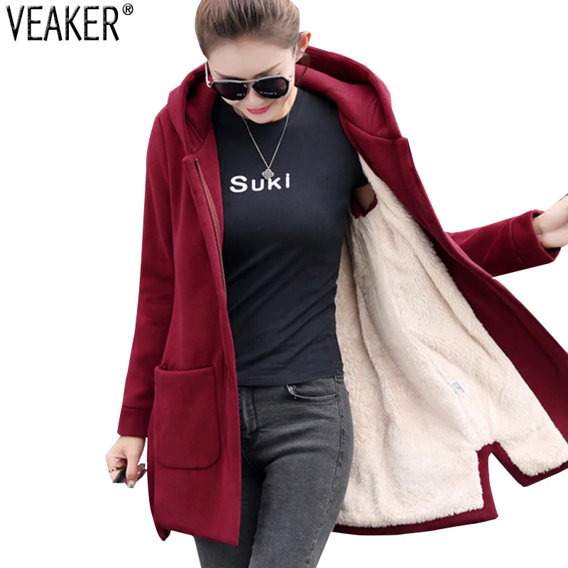 Koop 2019 Herfst Winter Vrouwen Fleece Jacket Jassen Vrouwelijke Lange Hooded Jassen Bovenkleding Warme Dikke Vrouwelijke Rode Slim Fit Hoodies jassen