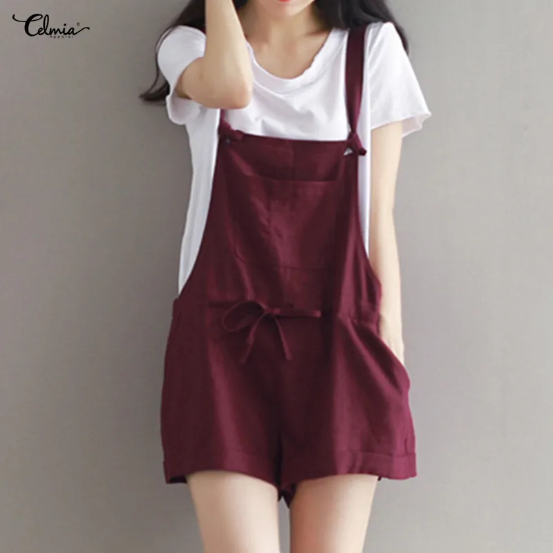 

S-4XL Celmia 2019 Summer Linen Rompers Women Jumpsuit Sexy Strap Backless Overalls Pockets Casual Loose Short Playsuit Plus Size