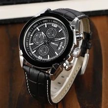 YISUYA Army Men Wrist Watch Black Genuine Leather Band Strap Chronograph Cool Business Quartz Military Luxury Aviator Date