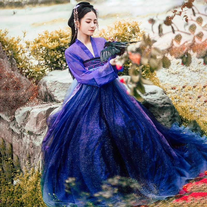  New Sparkling Hanfu For Women Gradual Purple Clothing Starry Sky Skirt Cosplay Performance Swing Da