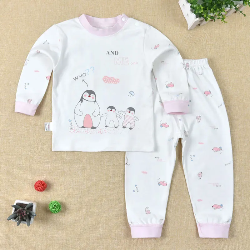 Пижамы для новорожденных, одежда для сна, костюм для сна, комплект из топа и штанов, хлопок, для младенцев 9, 12, 18, 24 месяцев, плотно прилегающий - Цвет: Pink Penguin