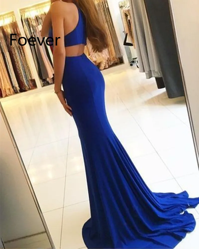 Robe De Soiree, сексуальные вечерние платья с лямкой на шее, Королевский синий цвет, Русалка,, с вырезом на спине, с высоким разрезом, вечерние платья