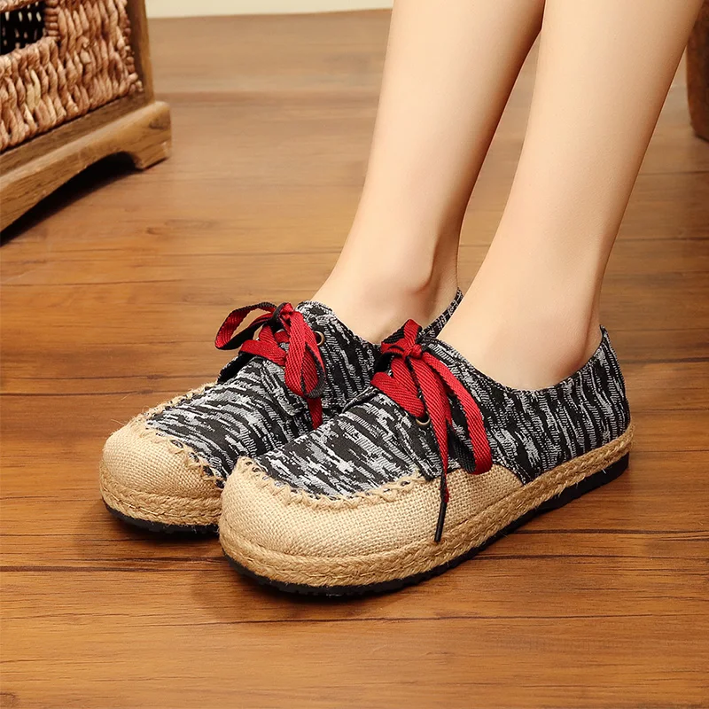 Veowalk/Harajuku/Женская обувь ручной работы на плоской подошве со шнуровкой из льна и хлопка; женские повседневные Эспадрильи с геометрическим узором; кроссовки