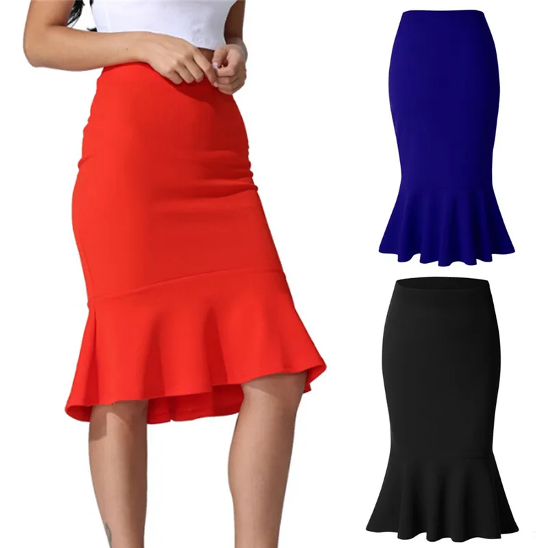 Women High Waist Hip Skirts Cotton Midi Fish Tail Ruffles Hip Skirt