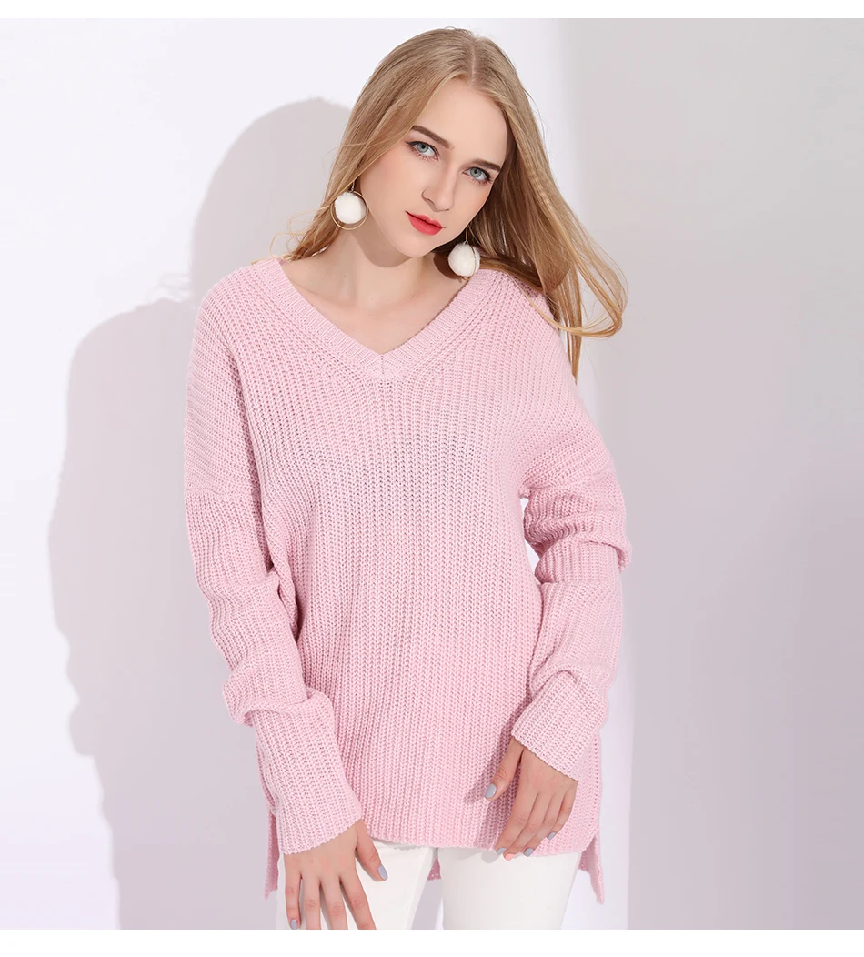 Теплый Зимний вязаный свитер с v-образным вырезом, Женский пуловер, вязаные Джемперы, розовые свитера для женщин, свитера и пуловеры, женский свитер