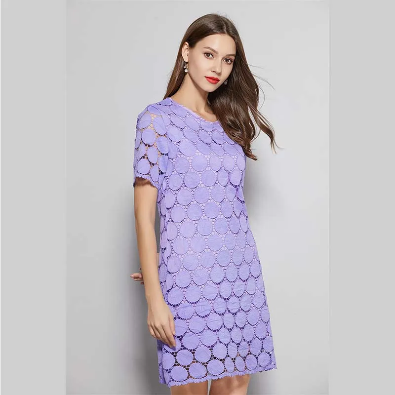 

Maxi Real Acrylic A-line Solid Hollow Out Regular And Summer New 2019 Popular Short Sleeve Thin Polka Lace Dress Female