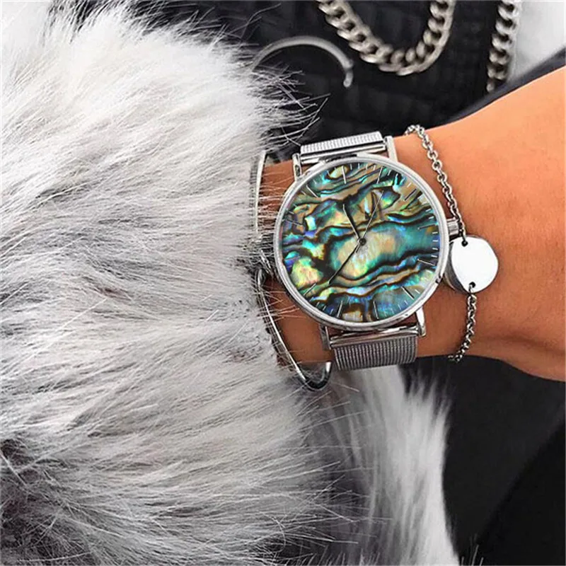 Mavis Hare, серия "Океан", настоящий Абалон, серебряные сетчатые часы, женские наручные часы с кристаллами, манжета, браслет в виде сердца, браслет в подарок - Цвет: watches set 4