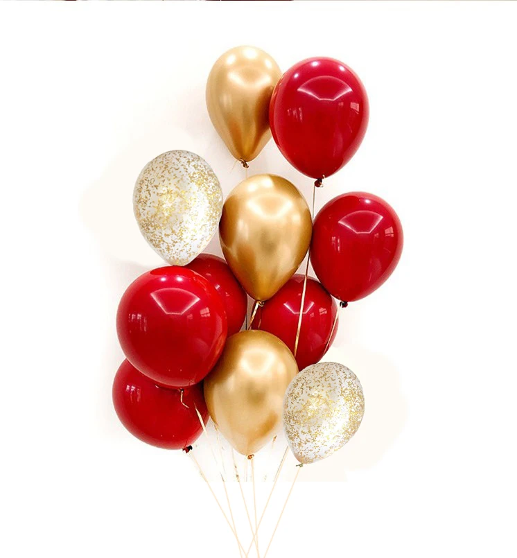 10pcs Party Latex Balloons mixed Garnet Red Metallic Chrome Gold Balloons Glitter Gold Confetti for Wedding Valentine's Day