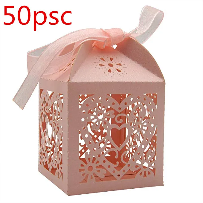 

50 Pack Love Heart Wedding Party Favor Box Candy Bag Chocolate Gift Boxes Bridal Birthday Shower Bomboniere with Ribbons (Pink)