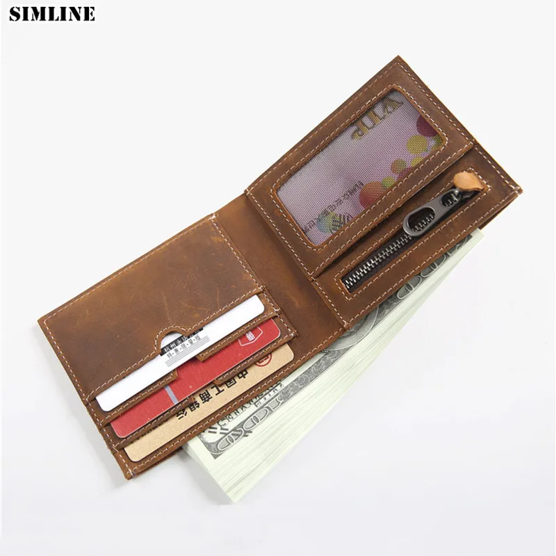

2019 Genuine Leather Wallet Men Vintage Handmade Crazy Horse Cowhide Short Bifold Purse Card Holder Man Wallets With Coin Pocket