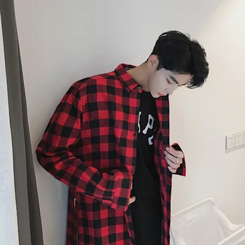 

M-2XL!!! 2018 Spring and summer sidepiece zipper medium-long shirt Men black and red plaid fashion loose shirt