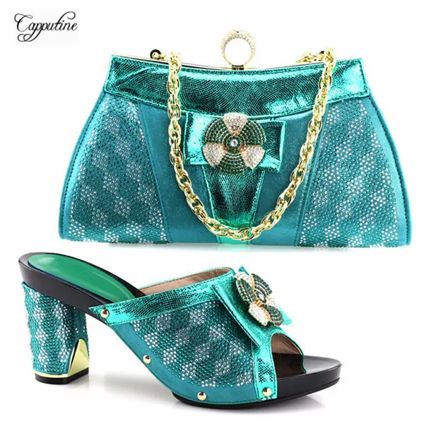 

Excelletn teal green high heel pumps with bag set African lady shoes and handbag YH2018-12 heel height 9.5cm