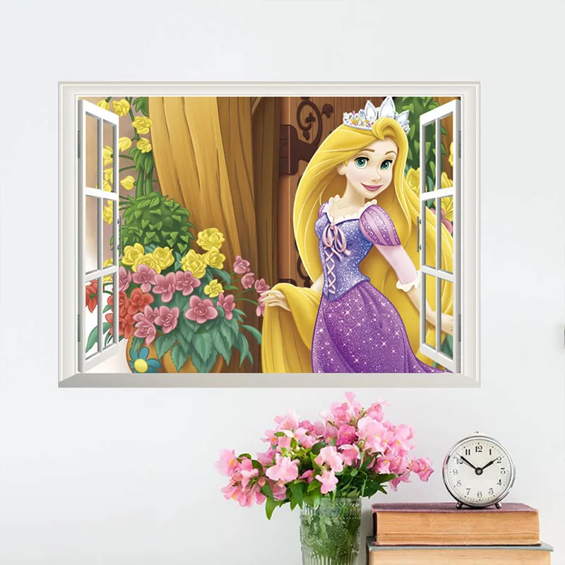 3D View Window Disney Cartoon Princess Wall Stickers For Home Decor Kids Girls Rooms Mural Art PVC Wall Decals/adesivo de parede