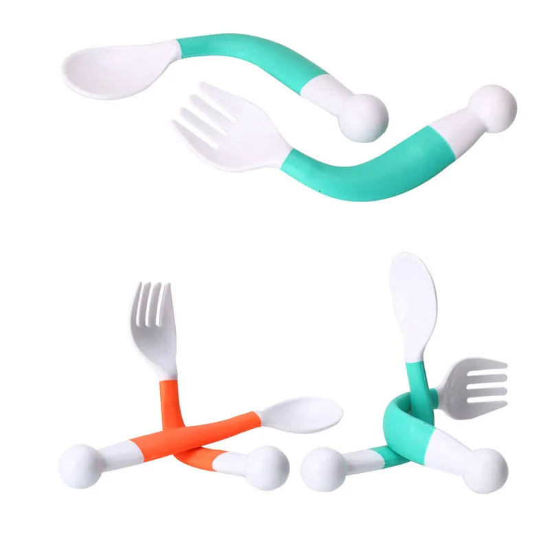 

1 Set Safe PP Flexible Baby Spoon+ Fork Adjustable Handle Children Dishes Learning Kids Tableware 2 pcs/Set