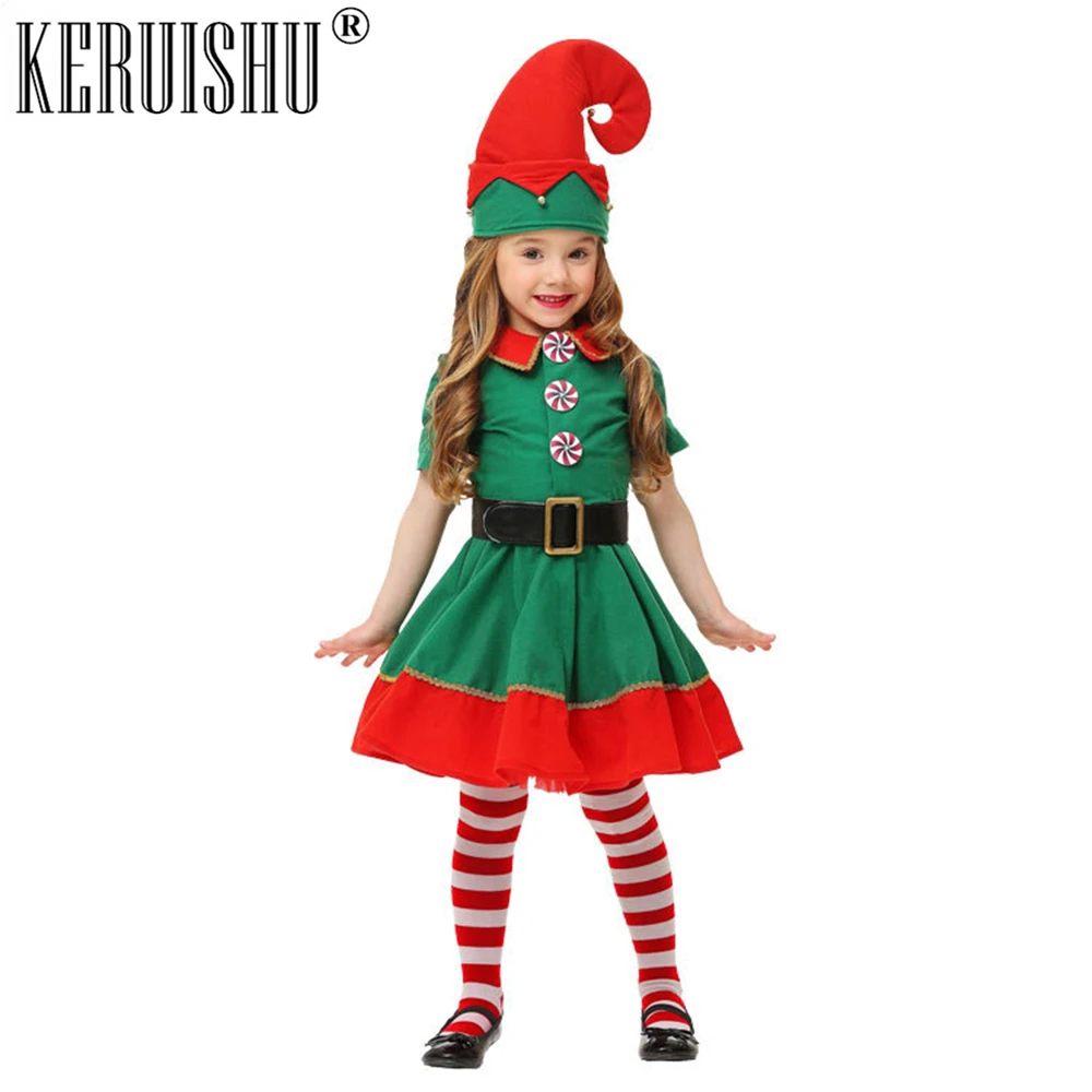 

Keruishu Christmas Clothes Children Christmas Elf Cosplay Parent-child Costume Festival Adult Men And Women Green Xmas Clothing