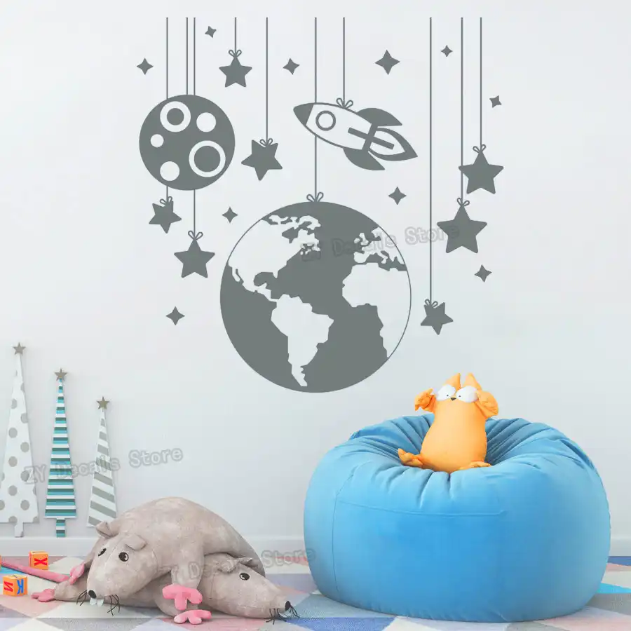 73pcs Solar System Wall Sticker for Nursery Explorer,Planets Spaceship Stars Decal Playroom Classroom Decoration Colorful Outer Space Wall Decal