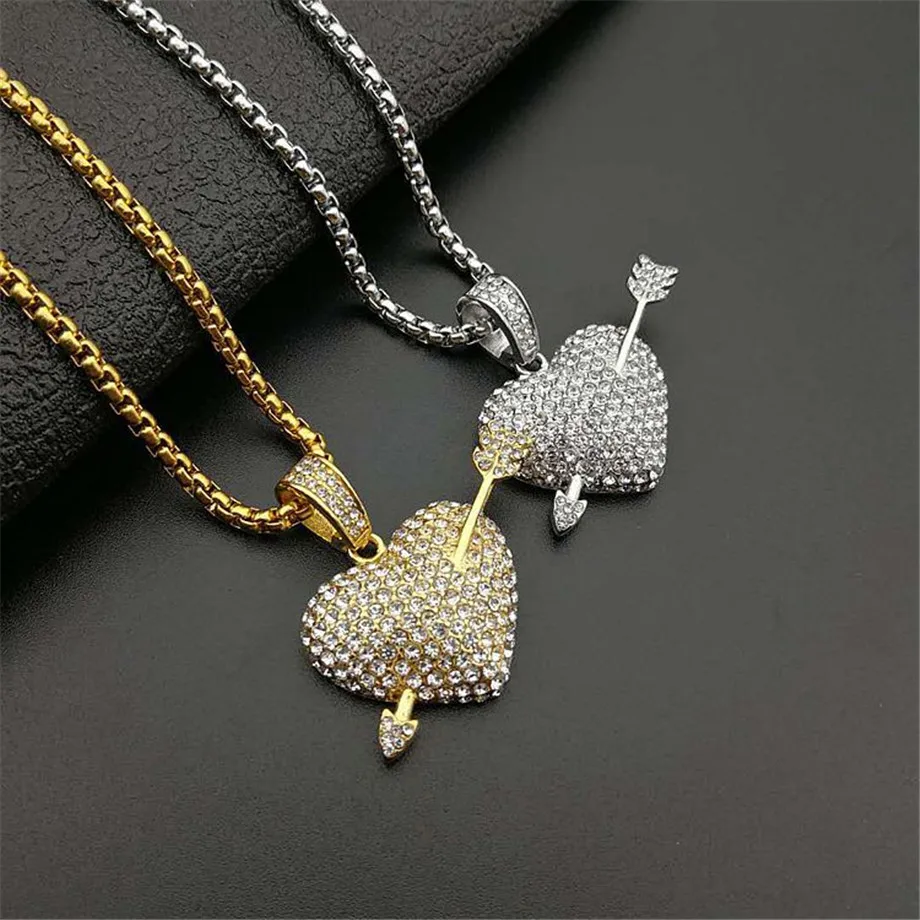 Dropshipping Bling Bling Iced Out Heart With Arrow Necklace Pendant Cubic Zirconia Gold Silver Color CZ Chains Hiphop Jewelry