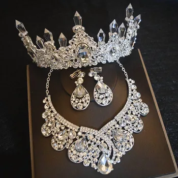 Luxury Big Rhinestone Bridal Jewelry Sets Silver Plated Crystal Crown Tiaras Necklace Earrings Set For Bride Hair Accessories