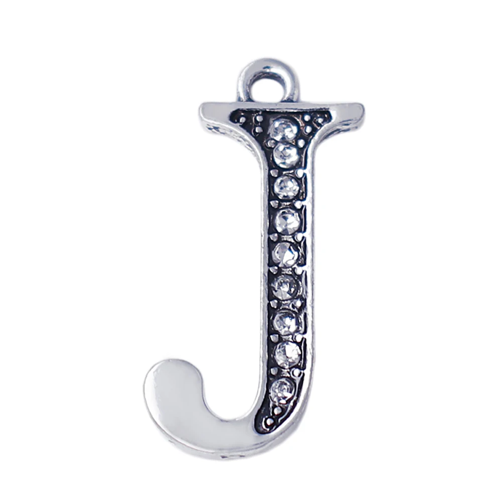 Fashion Antique Silver Rhinestone Crystal Charm Word J Charm 26 English 