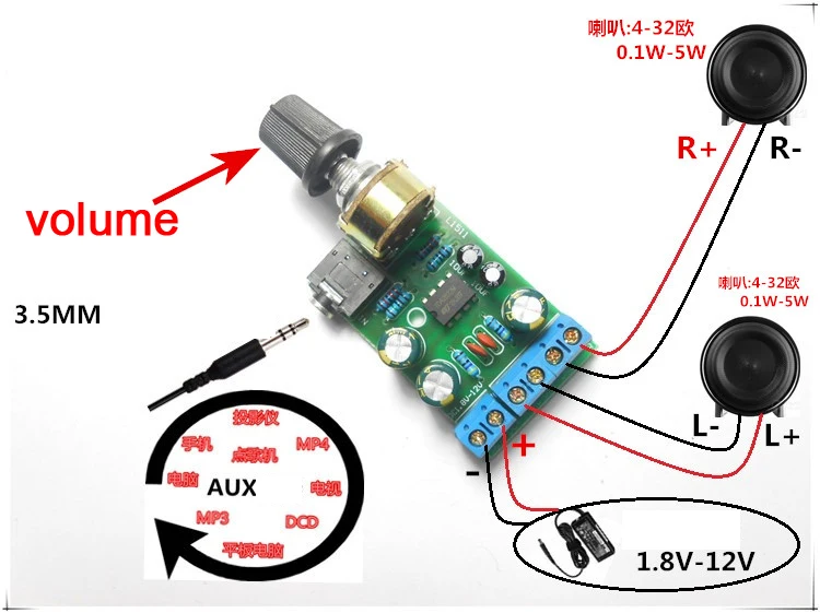 Mini DC 3.7~12V 5V TDA2822M 2.0 CH Stereo Audio Power