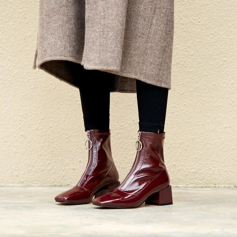 Tanie Vangull ins gorące kobiety botki moda Handmade elastyczny patent leRetro kwadratowe krótkie buty zamek błyskawiczny z przodu platformy Martin buty