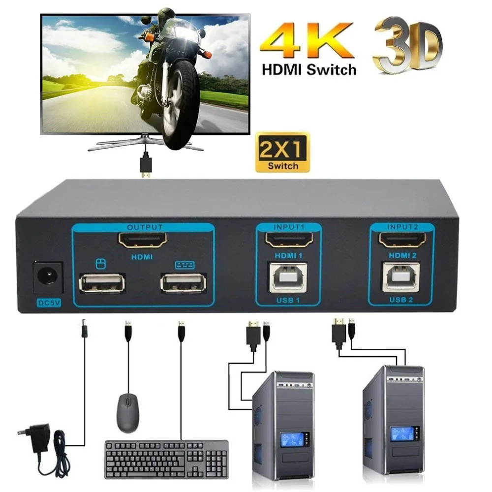 4K 2x1 HDMI KVM переключатель 2 порта USB в 1 Мышь Клавиатура Переключатель Поддержка 3D UHD x