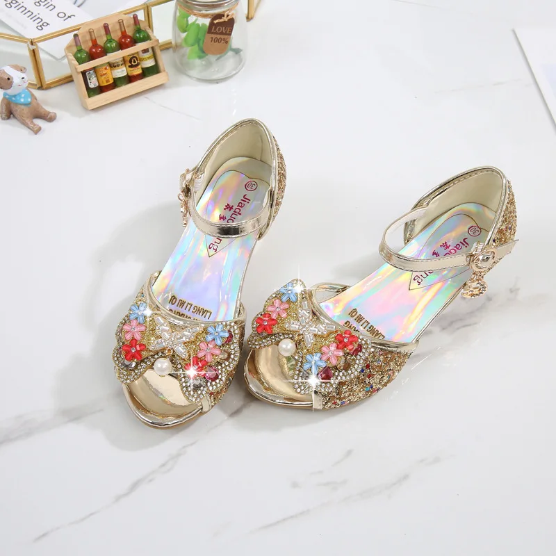Сандалии для девочек с бантиком, блестящие сандалии на высоком каблуке, новая летняя вечерняя обувь принцессы, модные детские сандалии со стразами CSH823