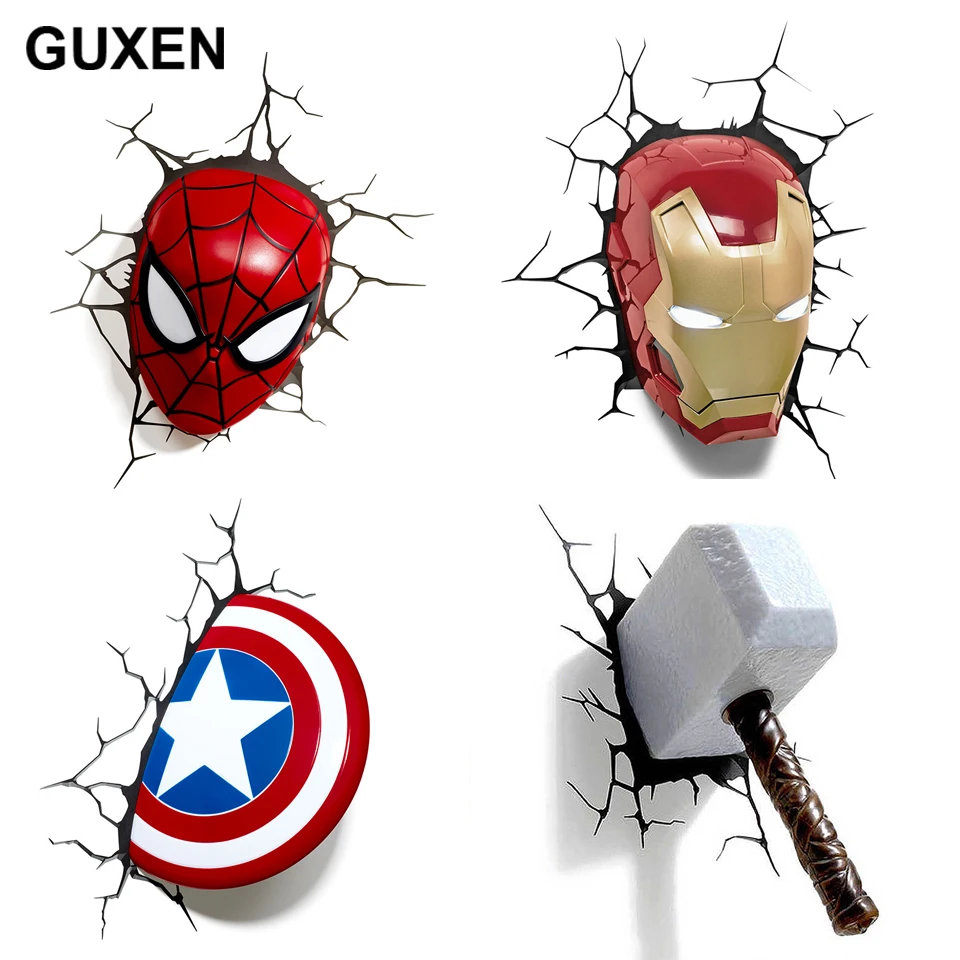Koop Guxen 3D Marvel Deco Licht Avengers Iron Man Spider Man De Hulk Hamer Captain America shield met Crack Muursticker licht