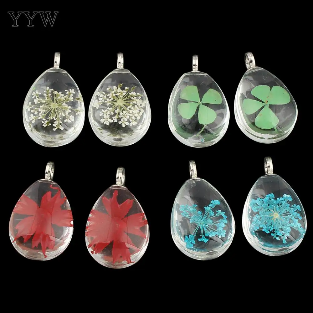 

Popular Pressed Dried Flower Jewelry Pendant For Necklace Glass With Dried Flower Clover Maple Leaf Transparent Teardrop