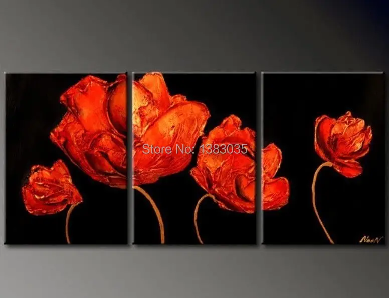 Hand Painted Modern Abstract 3 Panel Red And Black Paintings Of Hand Painted Modern Abstract 3 Panel Red And Black Paintings Of Flowers Oil Pictures Canvas Art Home Decoration Set In Painting Calligraphy From