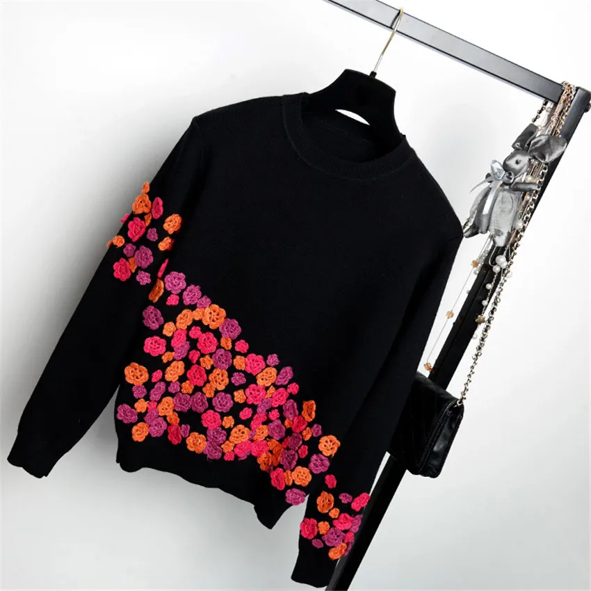 Роскошные брендовые дизайнерские свитера для подиума, осенне-зимний женский свитер с 3D цветочной аппликацией и вышивкой, пуловер, джемпер, вязаная одежда