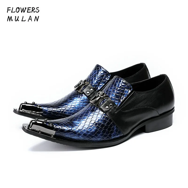 

Patchwork Blue Sanke Pattern Leather Men Dress Shoes Pointed Metal Toe Slip On Footwear One Buckle Male Business Shoes Wedding