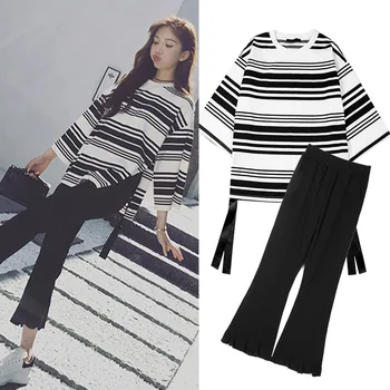 

Women's Fashion Casual Striped Three Quarter T-Shirt + Loose Calf-Length Wide Leg Pants Set Women's 2019 Sets