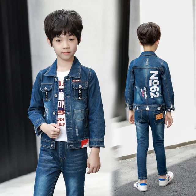 FYH Autumn Spring boys Denim Clothing Set Casual Kids Jeans Jacket+Jeans 2pcs Children Clothes